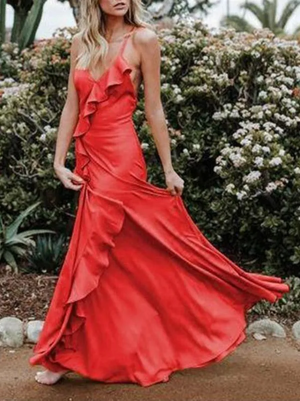 Summer Beach Red Spaghetti-neck Backless Solid Colors Maxi Dress