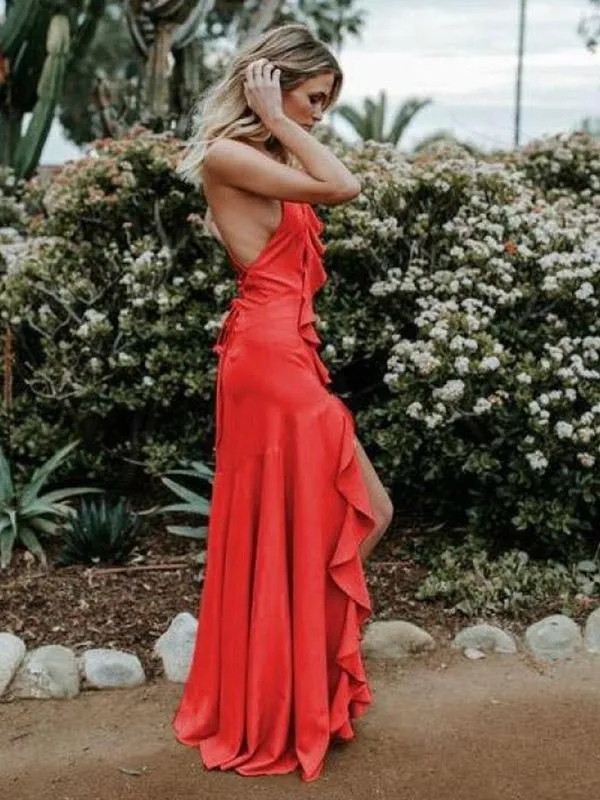 Summer Beach Red Spaghetti-neck Backless Solid Colors Maxi Dress