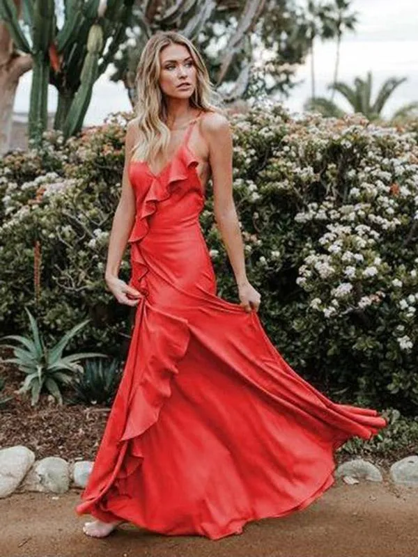 Summer Beach Red Spaghetti-neck Backless Solid Colors Maxi Dress