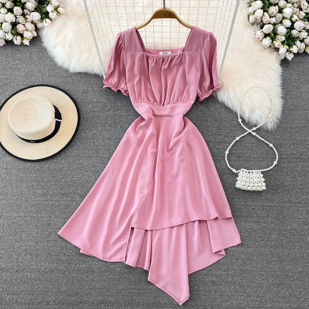 Summer French Retro Bubble Short-sleeved A-line Irregular Dress for Women 468