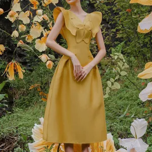 Summer Yellow Butterfly V neck Dress Long Dress  1336