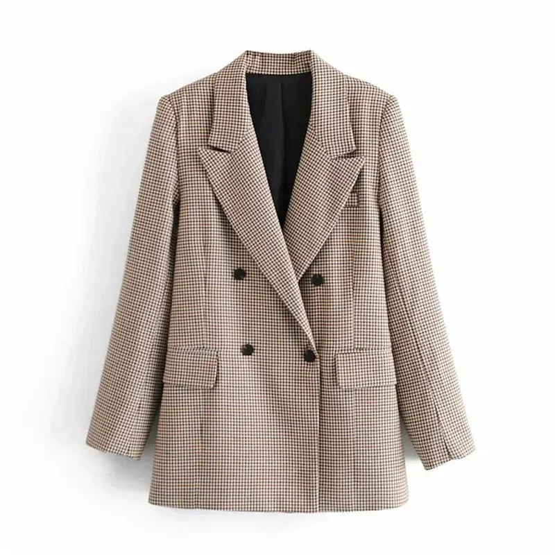 TAVIMART  -  British Style Retro Plaid Blazer Suit  Women Simple Mid Length Double Breasted Casual Office Blazers Lady Work Commute Suit