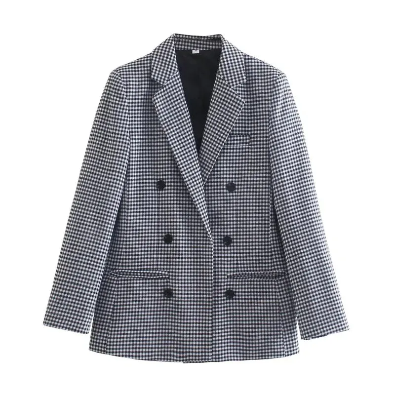 TAVIMART  -  British Style Retro Plaid Blazer Suit  Women Simple Mid Length Double Breasted Casual Office Blazers Lady Work Commute Suit