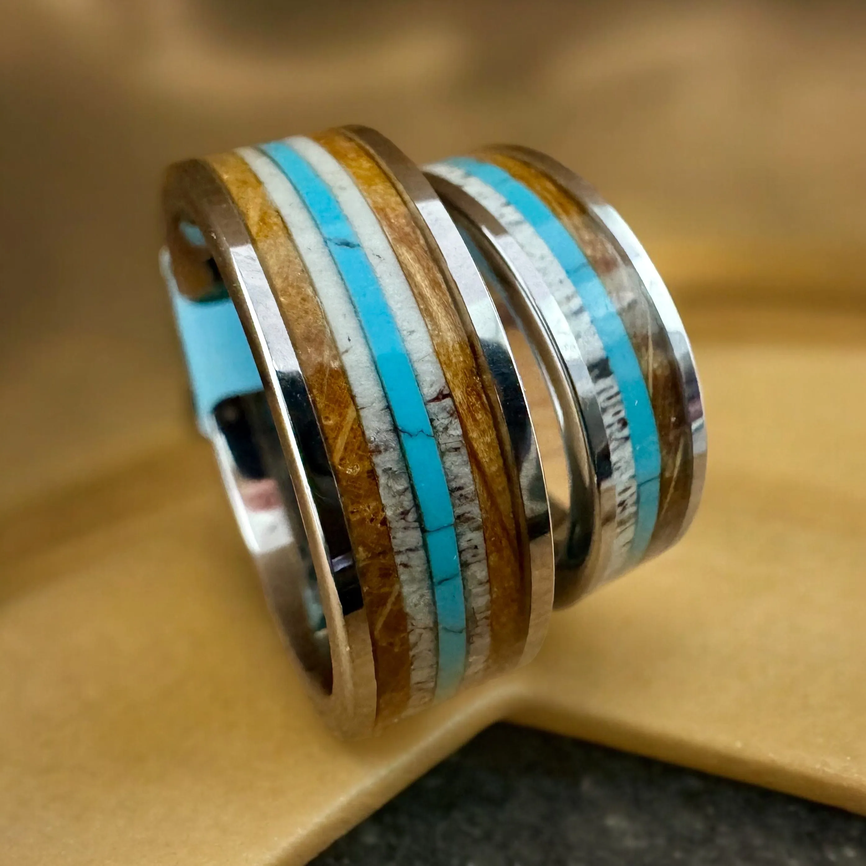 “The Westerner Matching  Set” Tungsten Ring With Reclaimed Bourbon Barrel, Antler and Turquoise