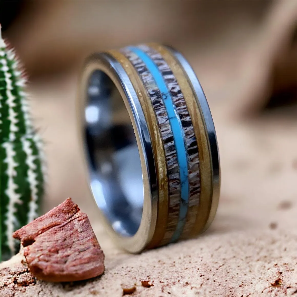 “The Westerner” Tungsten Ring With Reclaimed Bourbon Barrel, Antler and Turquoise