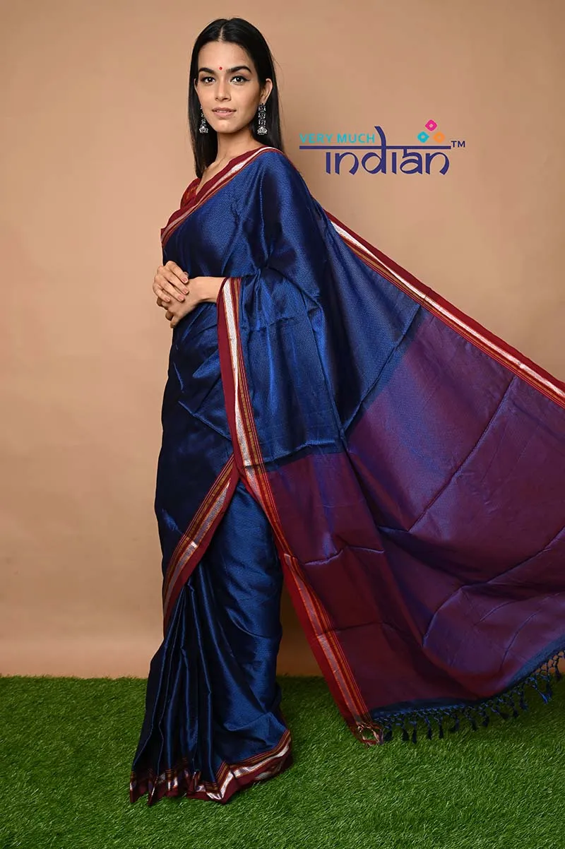 Traditional Khun Saree - Cotton Resham Authentic Handwoven Saree, Ink Blue with Maroon Border