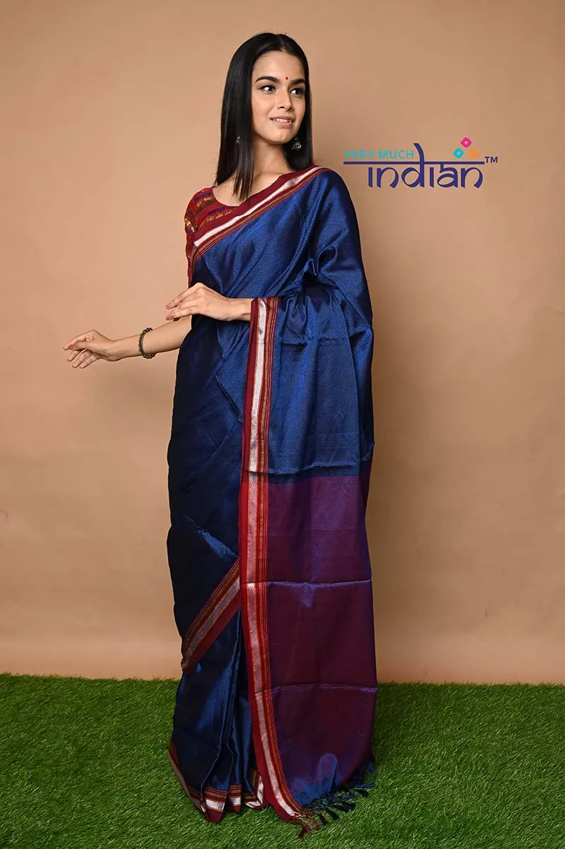 Traditional Khun Saree - Cotton Resham Authentic Handwoven Saree, Ink Blue with Maroon Border