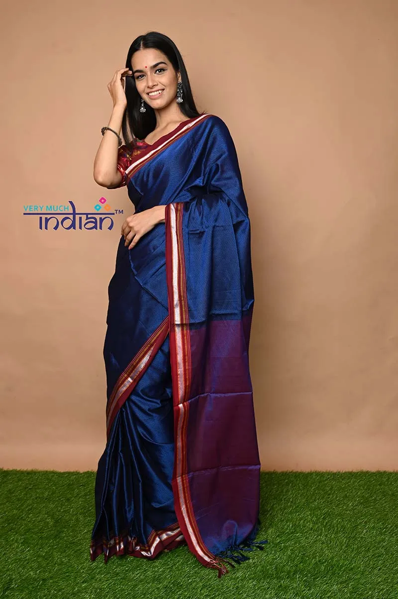 Traditional Khun Saree - Cotton Resham Authentic Handwoven Saree, Ink Blue with Maroon Border