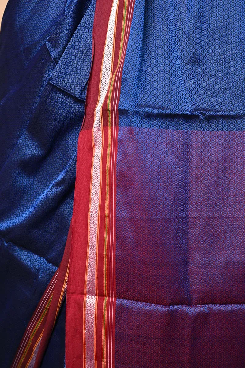 Traditional Khun Saree - Cotton Resham Authentic Handwoven Saree, Ink Blue with Maroon Border