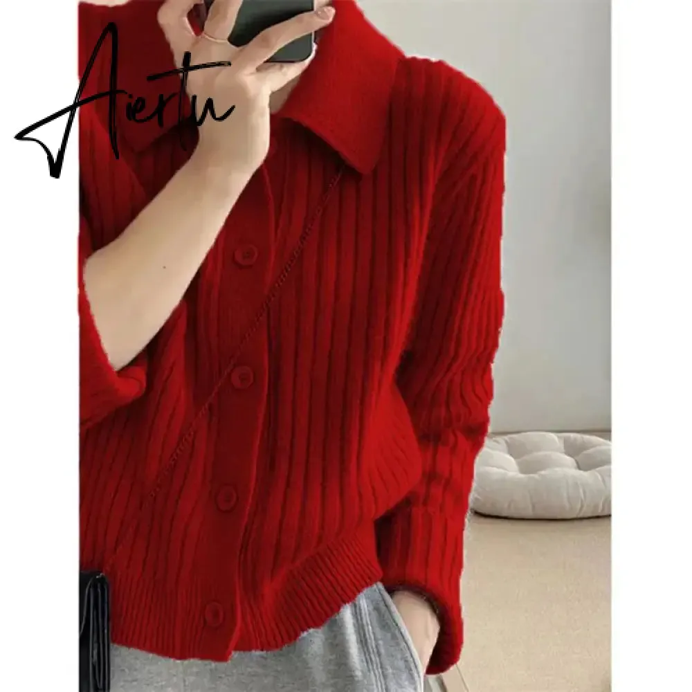 Turn Down Knit Cardigan Women Autumn Winter Button Up Solid Color Sweater Coats Woman Long Sleeve Soft Cardigans Ladies