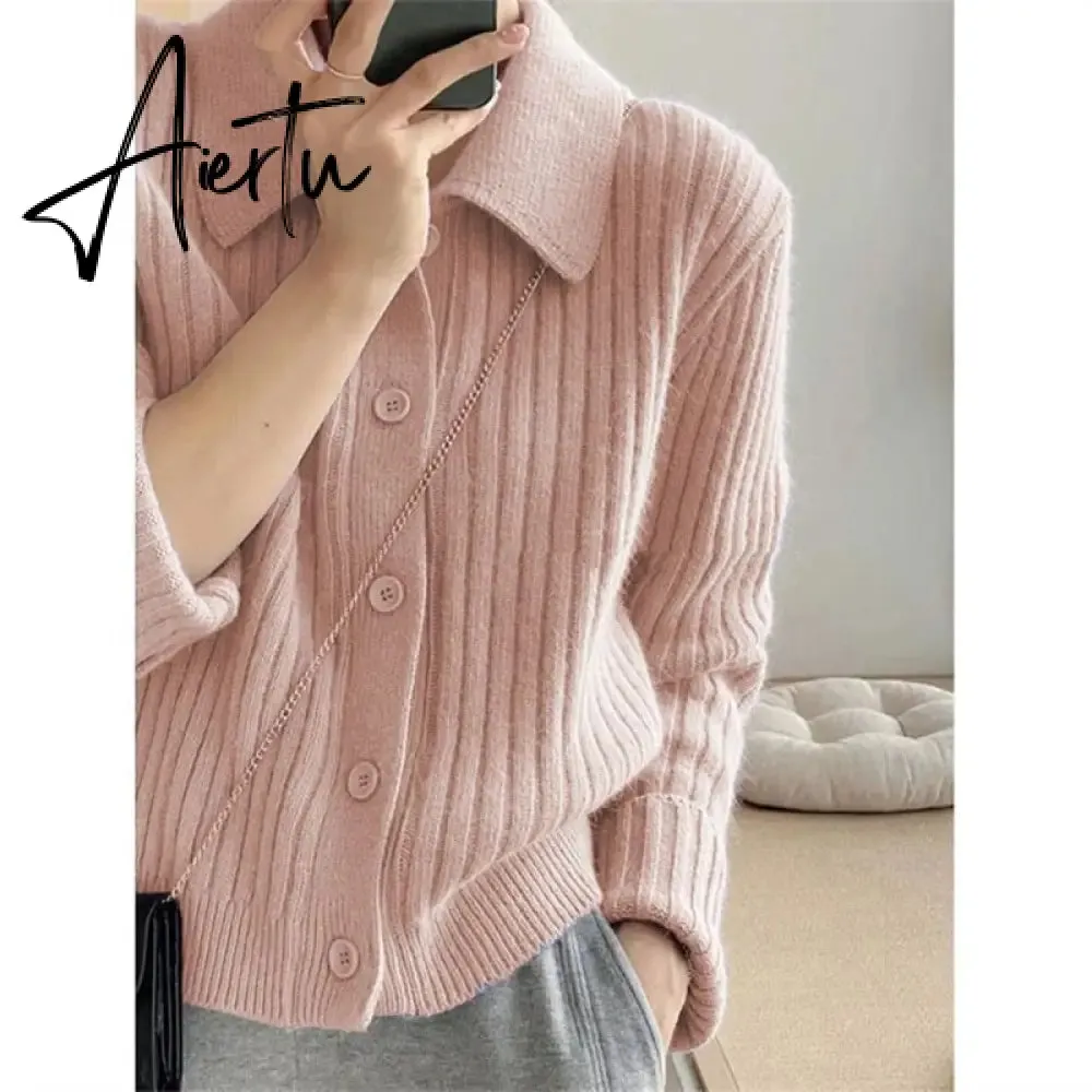 Turn Down Knit Cardigan Women Autumn Winter Button Up Solid Color Sweater Coats Woman Long Sleeve Soft Cardigans Ladies