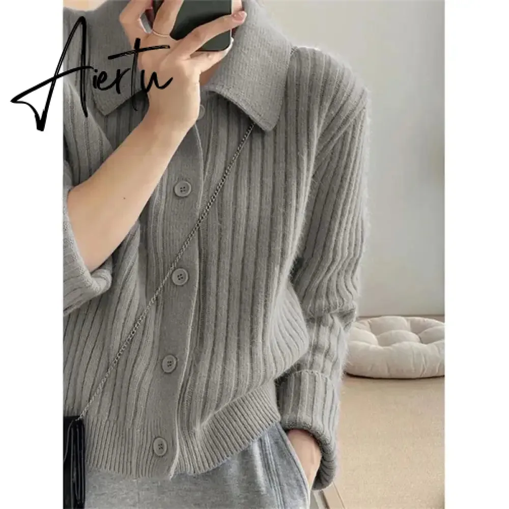 Turn Down Knit Cardigan Women Autumn Winter Button Up Solid Color Sweater Coats Woman Long Sleeve Soft Cardigans Ladies