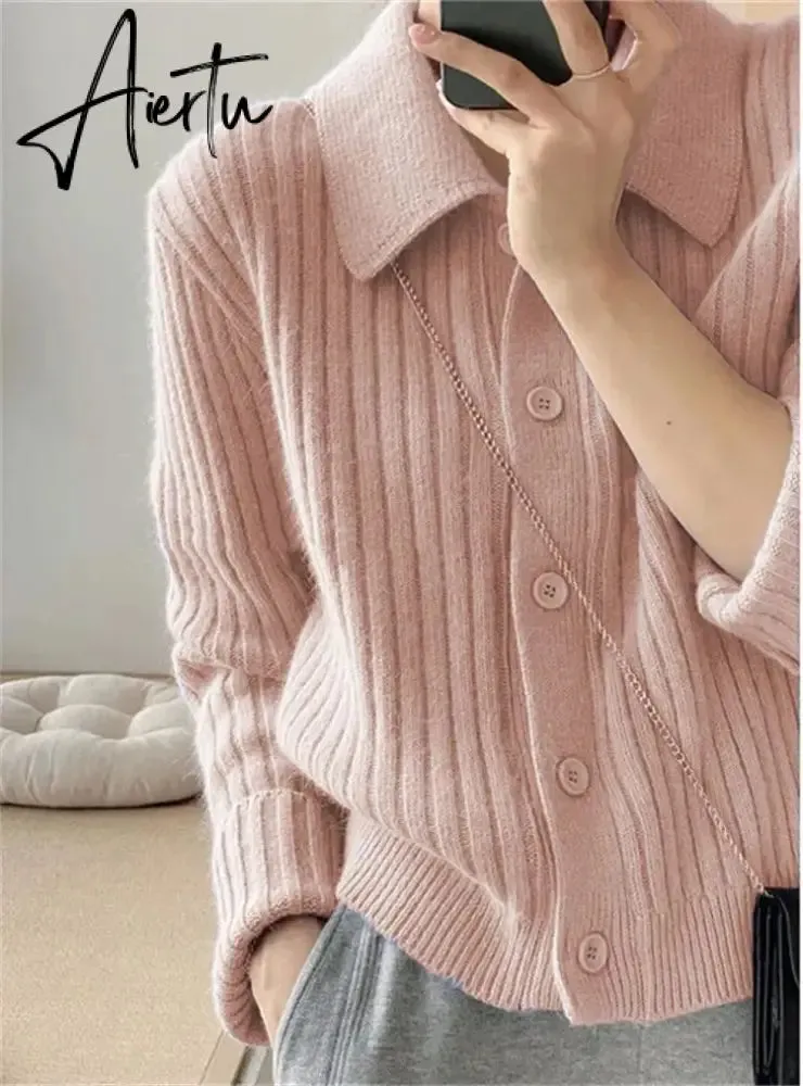 Turn Down Knit Cardigan Women Autumn Winter Button Up Solid Color Sweater Coats Woman Long Sleeve Soft Cardigans Ladies