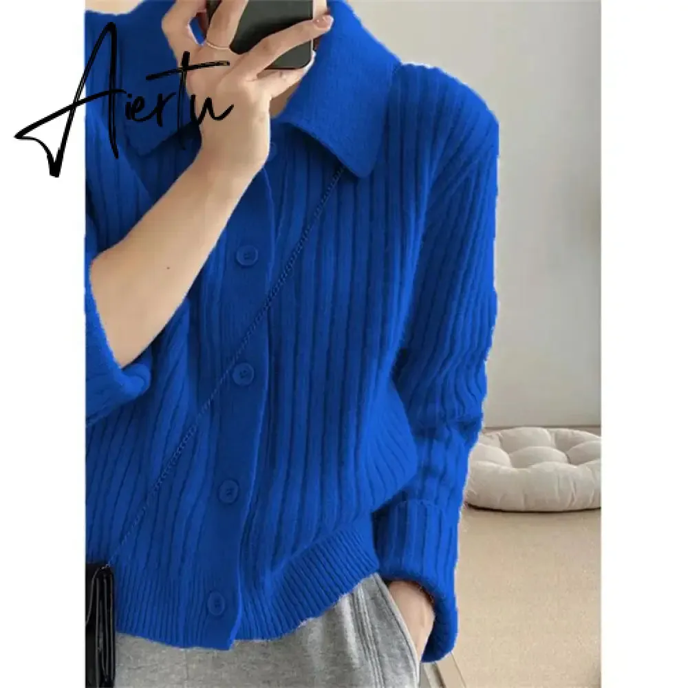 Turn Down Knit Cardigan Women Autumn Winter Button Up Solid Color Sweater Coats Woman Long Sleeve Soft Cardigans Ladies