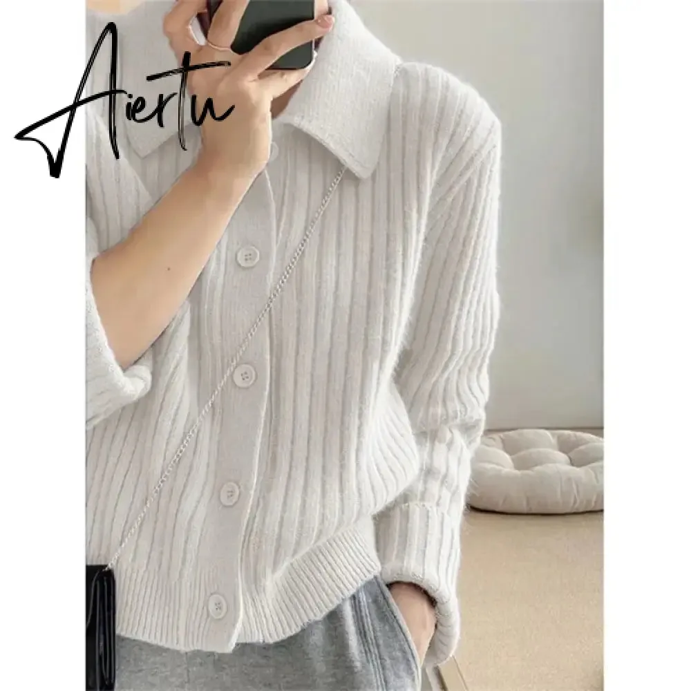 Turn Down Knit Cardigan Women Autumn Winter Button Up Solid Color Sweater Coats Woman Long Sleeve Soft Cardigans Ladies