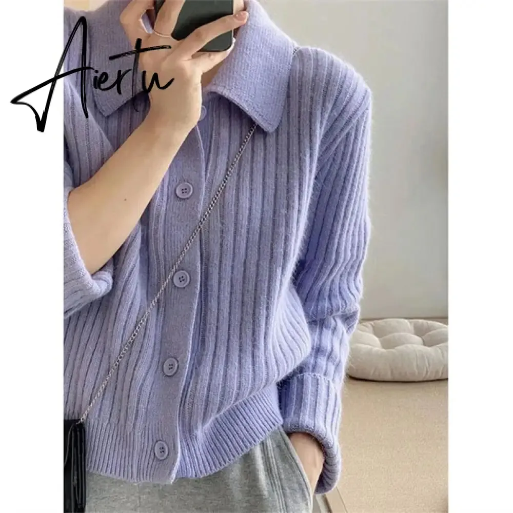 Turn Down Knit Cardigan Women Autumn Winter Button Up Solid Color Sweater Coats Woman Long Sleeve Soft Cardigans Ladies