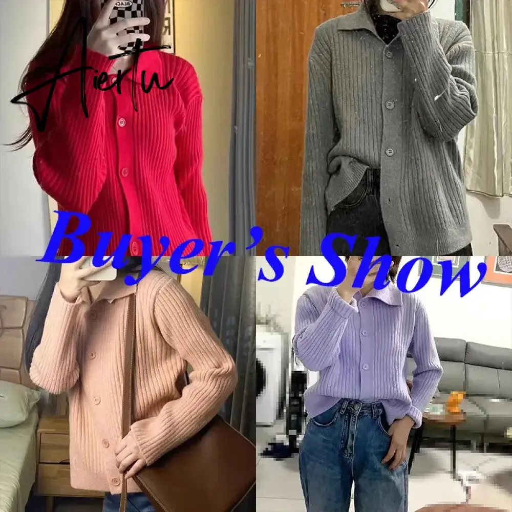 Turn Down Knit Cardigan Women Autumn Winter Button Up Solid Color Sweater Coats Woman Long Sleeve Soft Cardigans Ladies