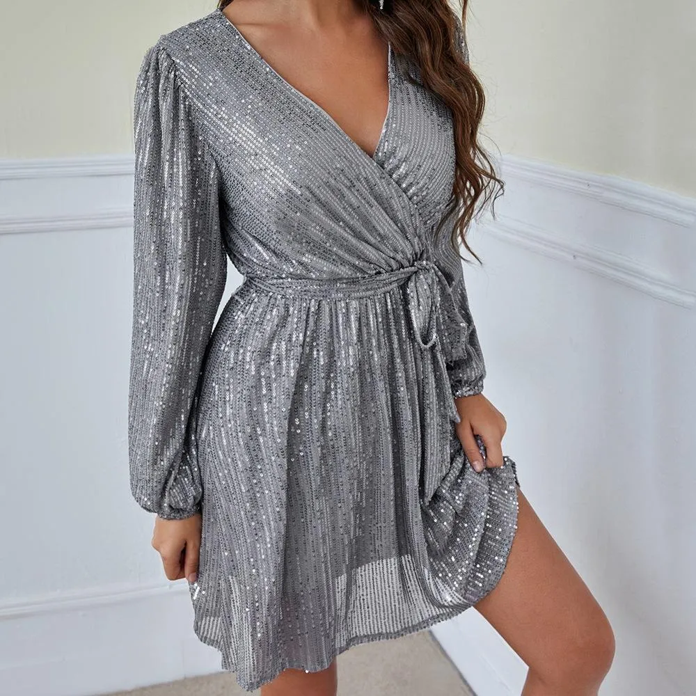 V neck lace-up short sequin dress