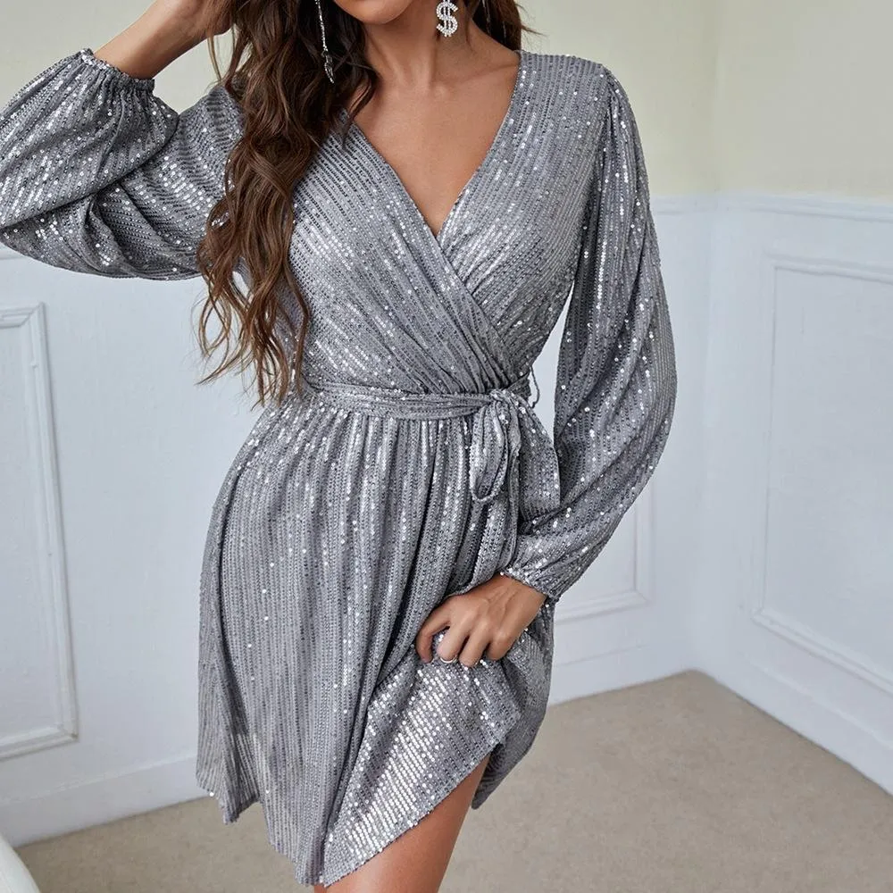 V neck lace-up short sequin dress