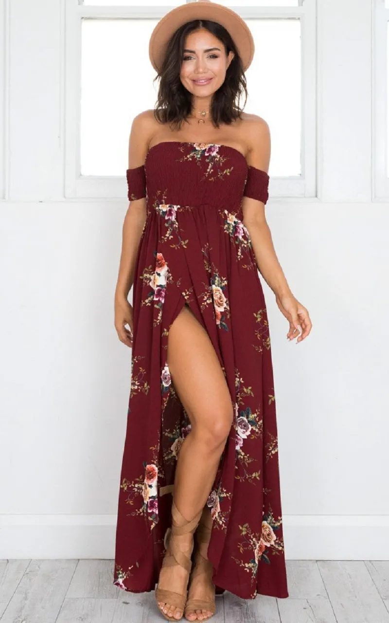 VenusFox Off Shoulder Floral Print Strapless Long Maxi Dress