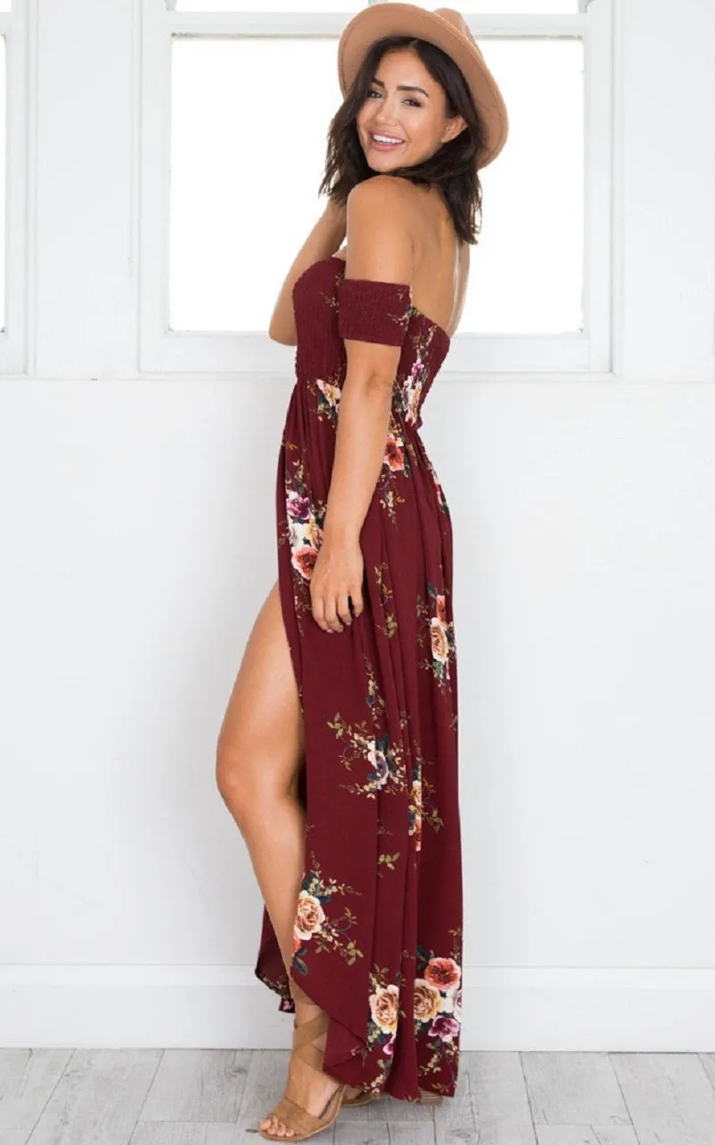 VenusFox Off Shoulder Floral Print Strapless Long Maxi Dress