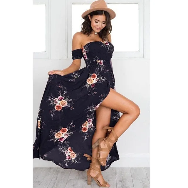 VenusFox Off Shoulder Floral Print Strapless Long Maxi Dress