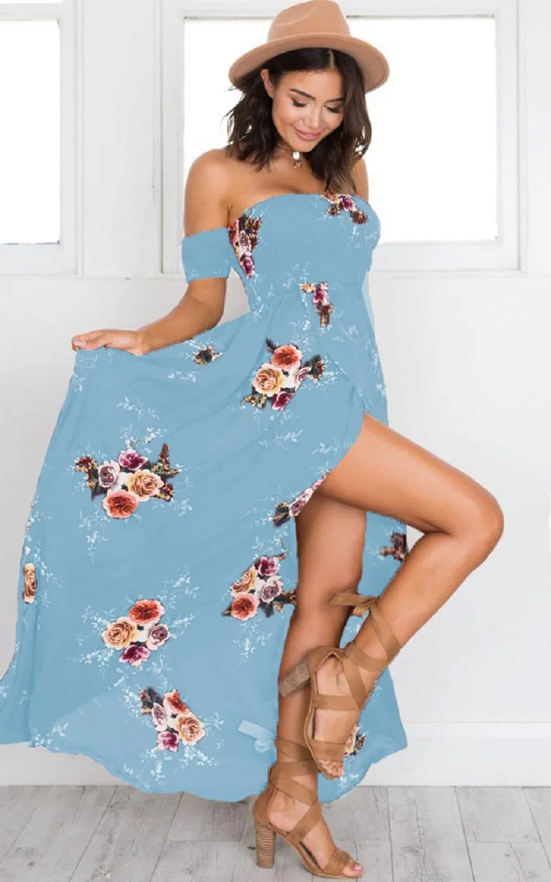 VenusFox Off Shoulder Floral Print Strapless Long Maxi Dress