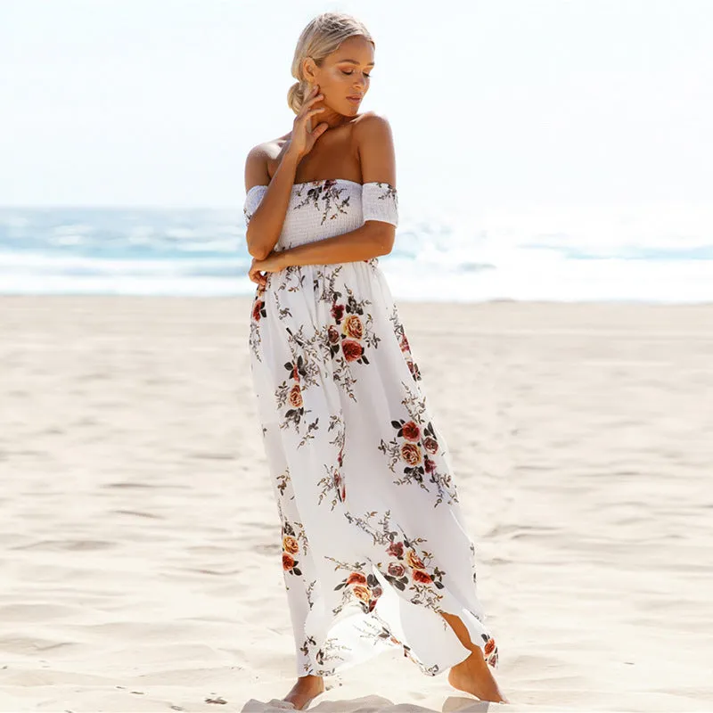 VenusFox Off Shoulder Floral Print Strapless Long Maxi Dress