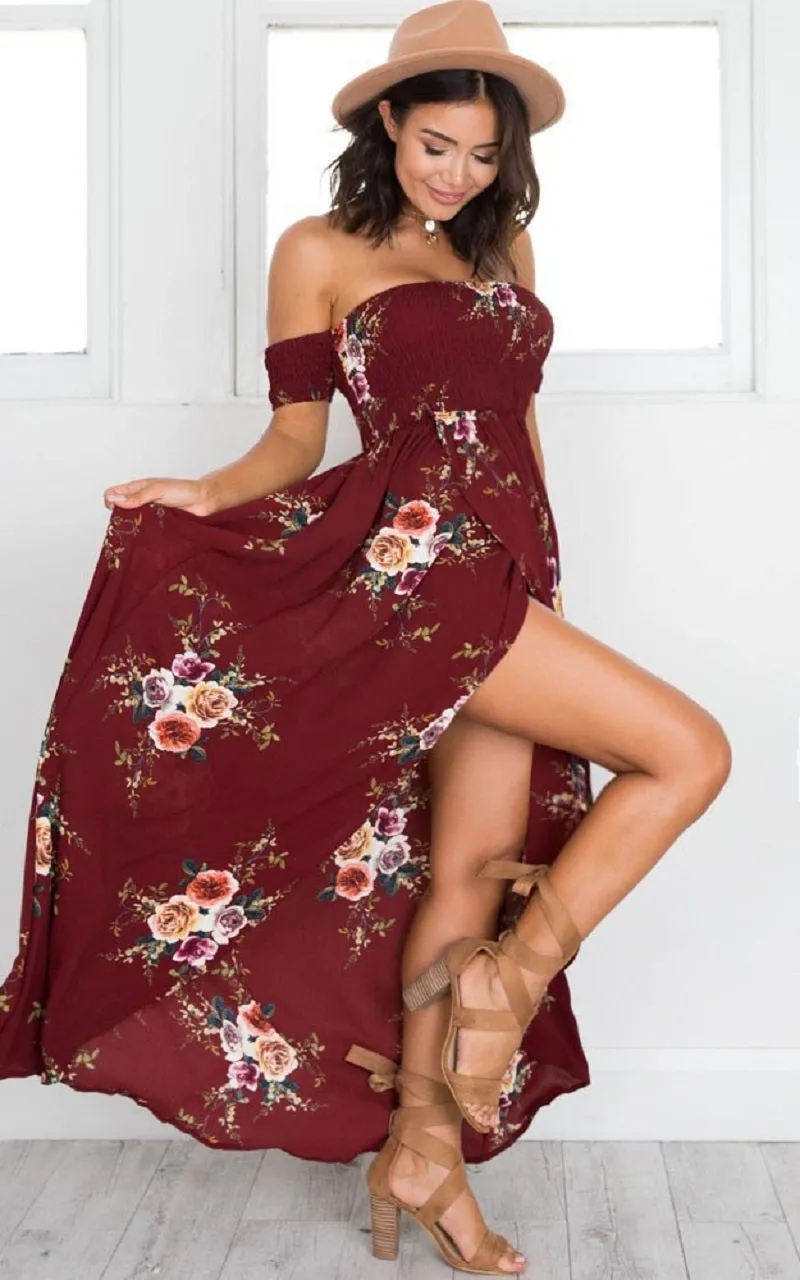 VenusFox Off Shoulder Floral Print Strapless Long Maxi Dress