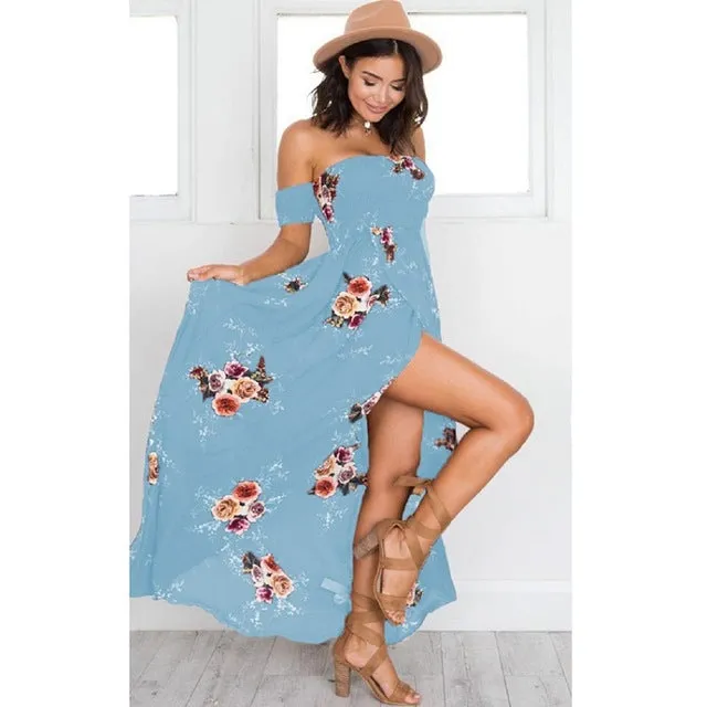 VenusFox Off Shoulder Floral Print Strapless Long Maxi Dress