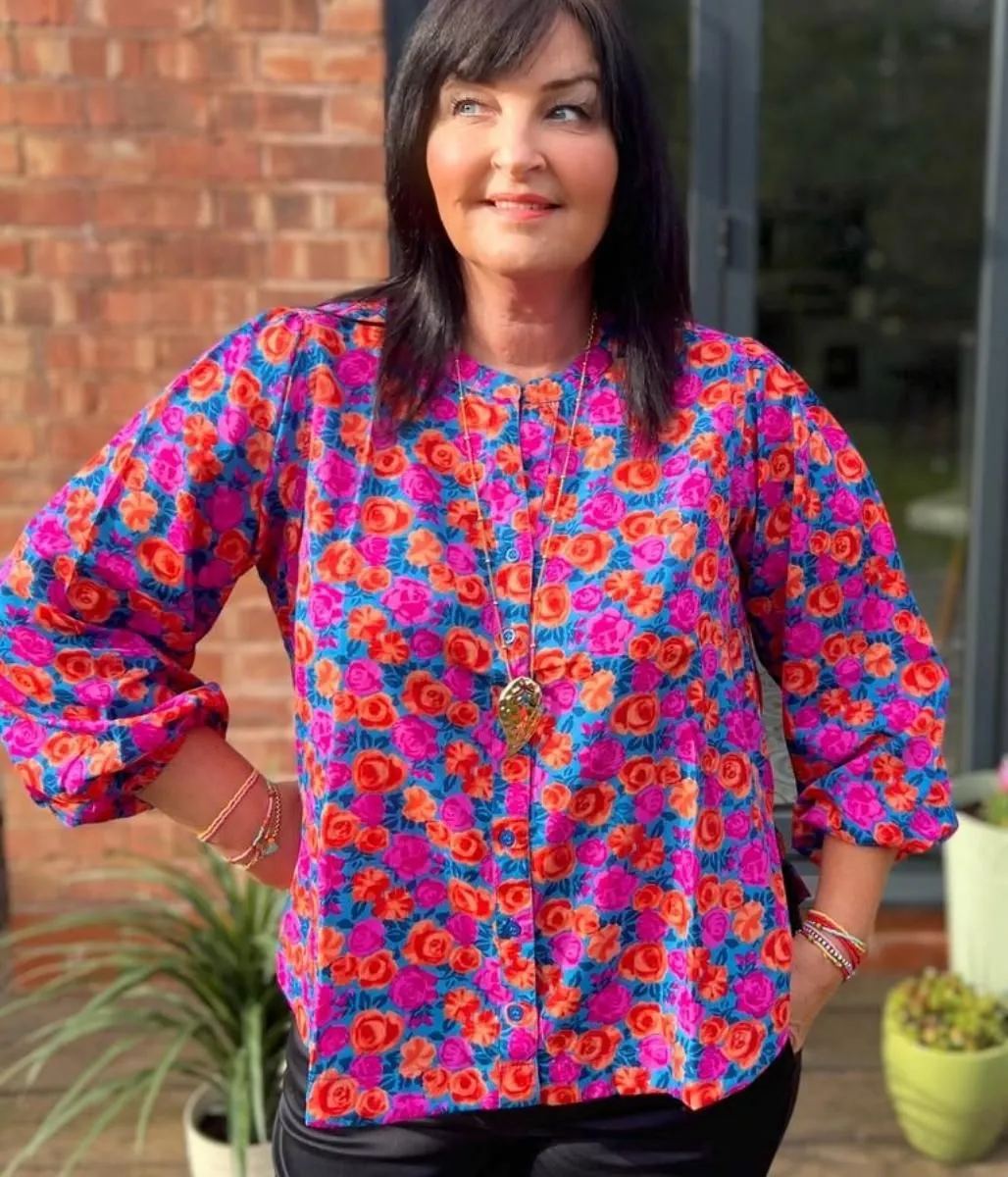 Vibrant Rose Print Notch Neck Blouse