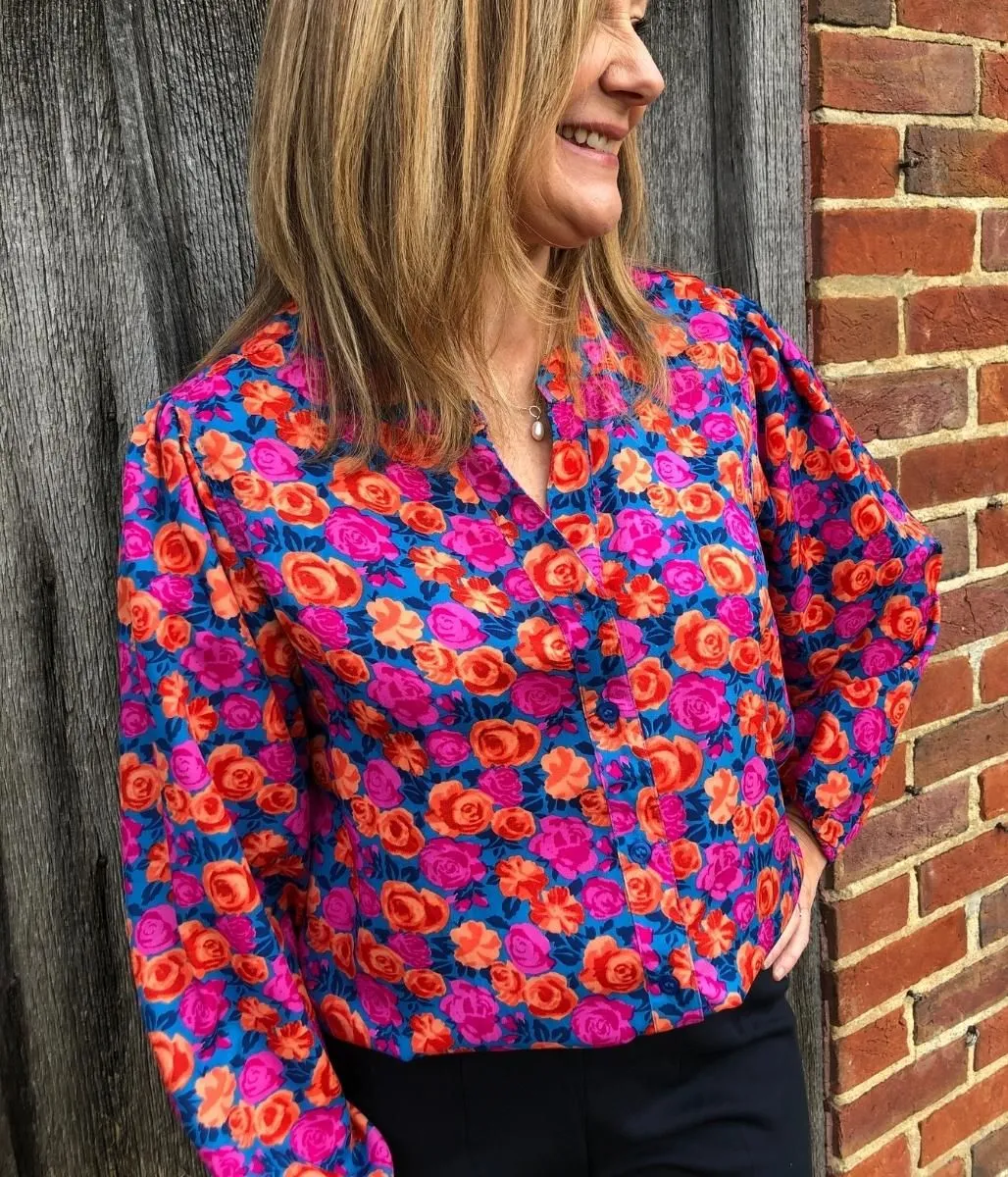 Vibrant Rose Print Notch Neck Blouse