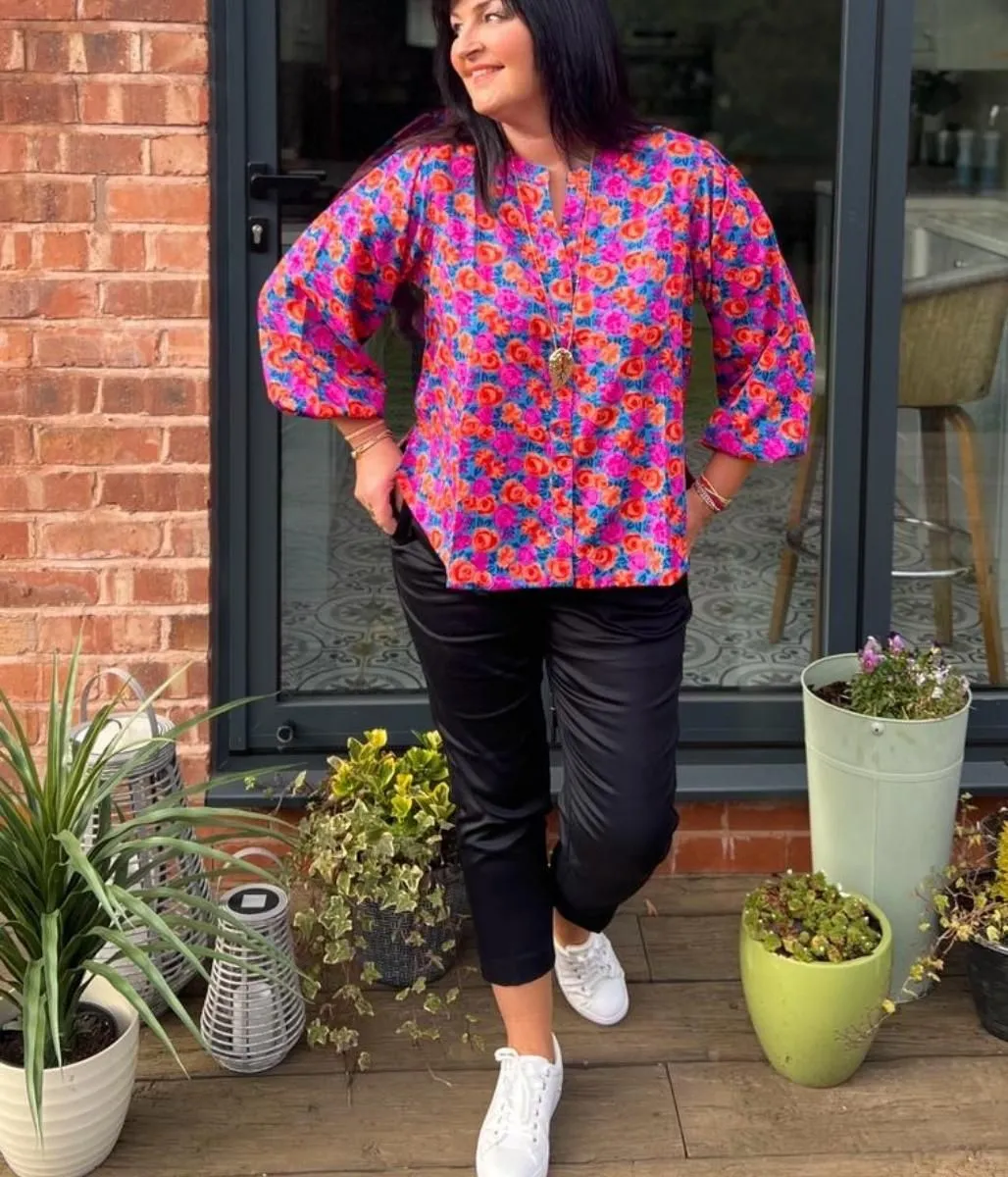 Vibrant Rose Print Notch Neck Blouse