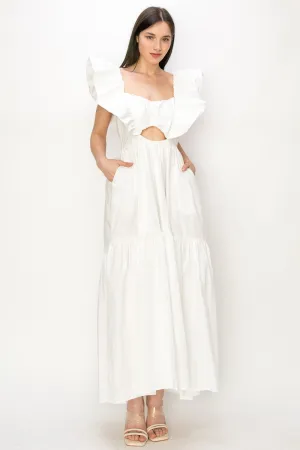 White Cotton Ruffle Shoulder Tiered Sleeve Maxi Dress