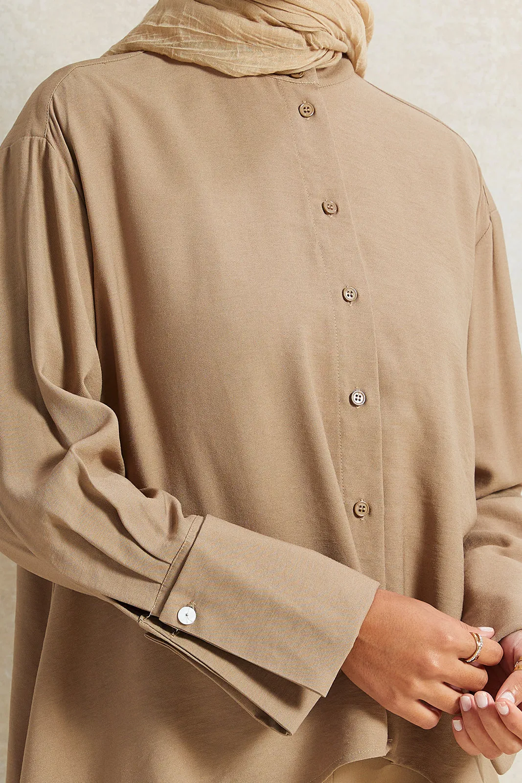 Women Beige Button Front Over Sized Blouse