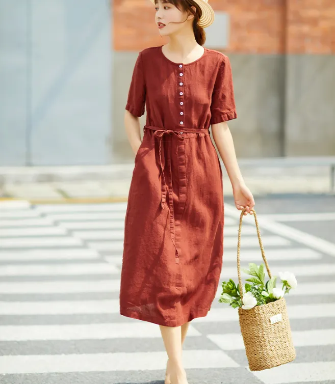 Women Dresses Short Sleeve Casual Summer Linen Women Dresses SJ97215