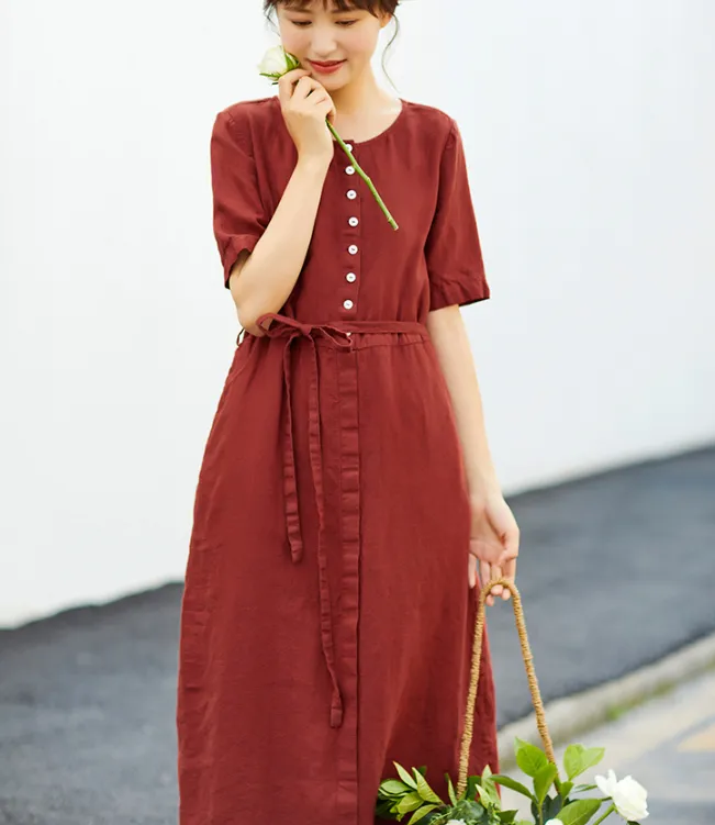 Women Dresses Short Sleeve Casual Summer Linen Women Dresses SJ97215