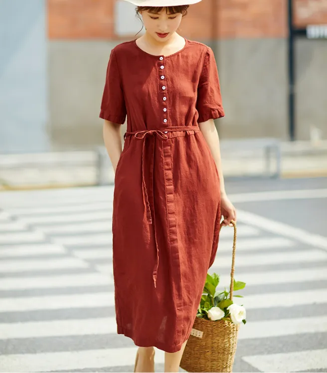 Women Dresses Short Sleeve Casual Summer Linen Women Dresses SJ97215