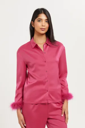 Women Fuchsia Satin Feather Crop Shirt