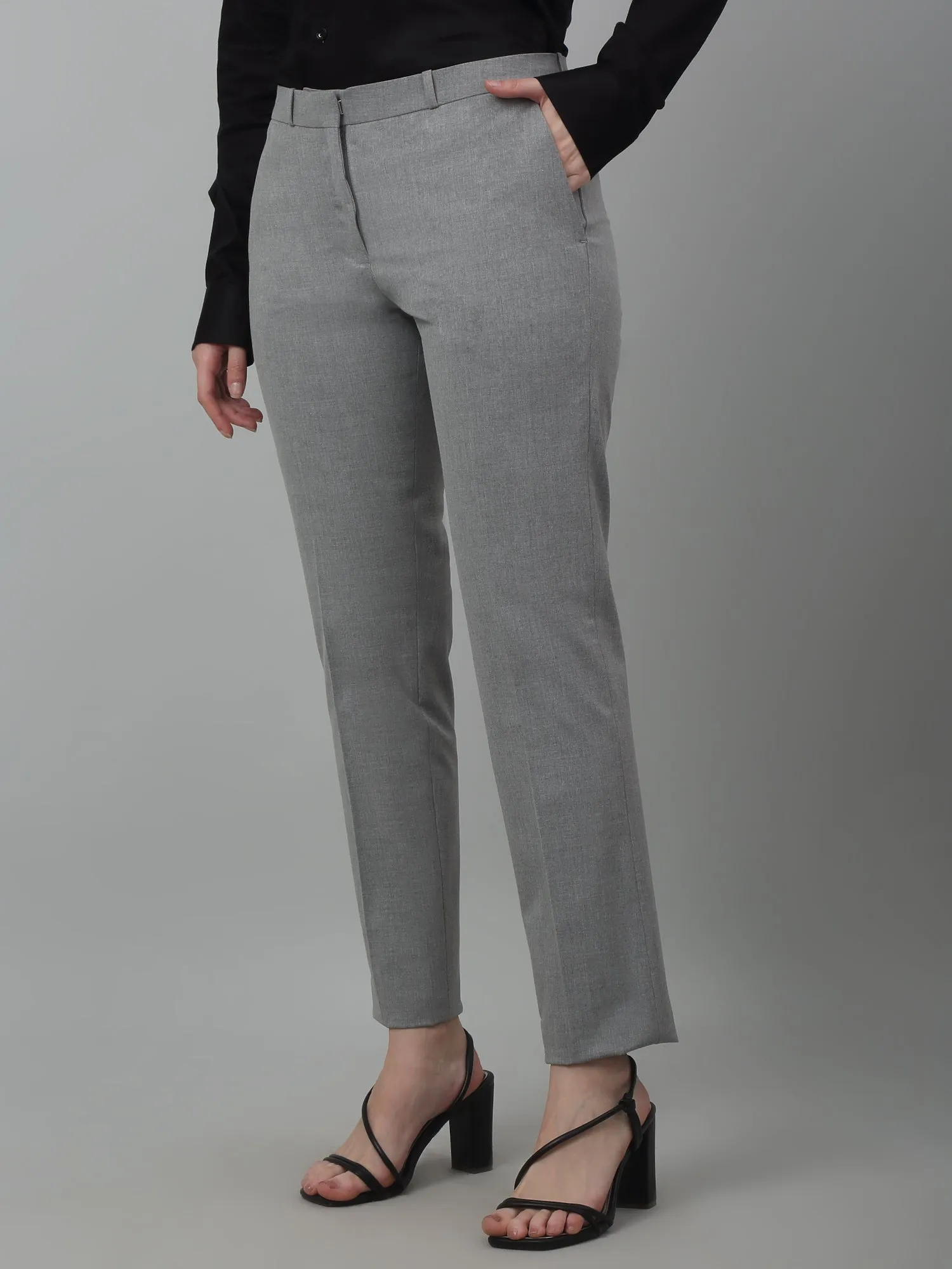 Women's Formal Flat Front Grey   Full length Mid rise Trousers