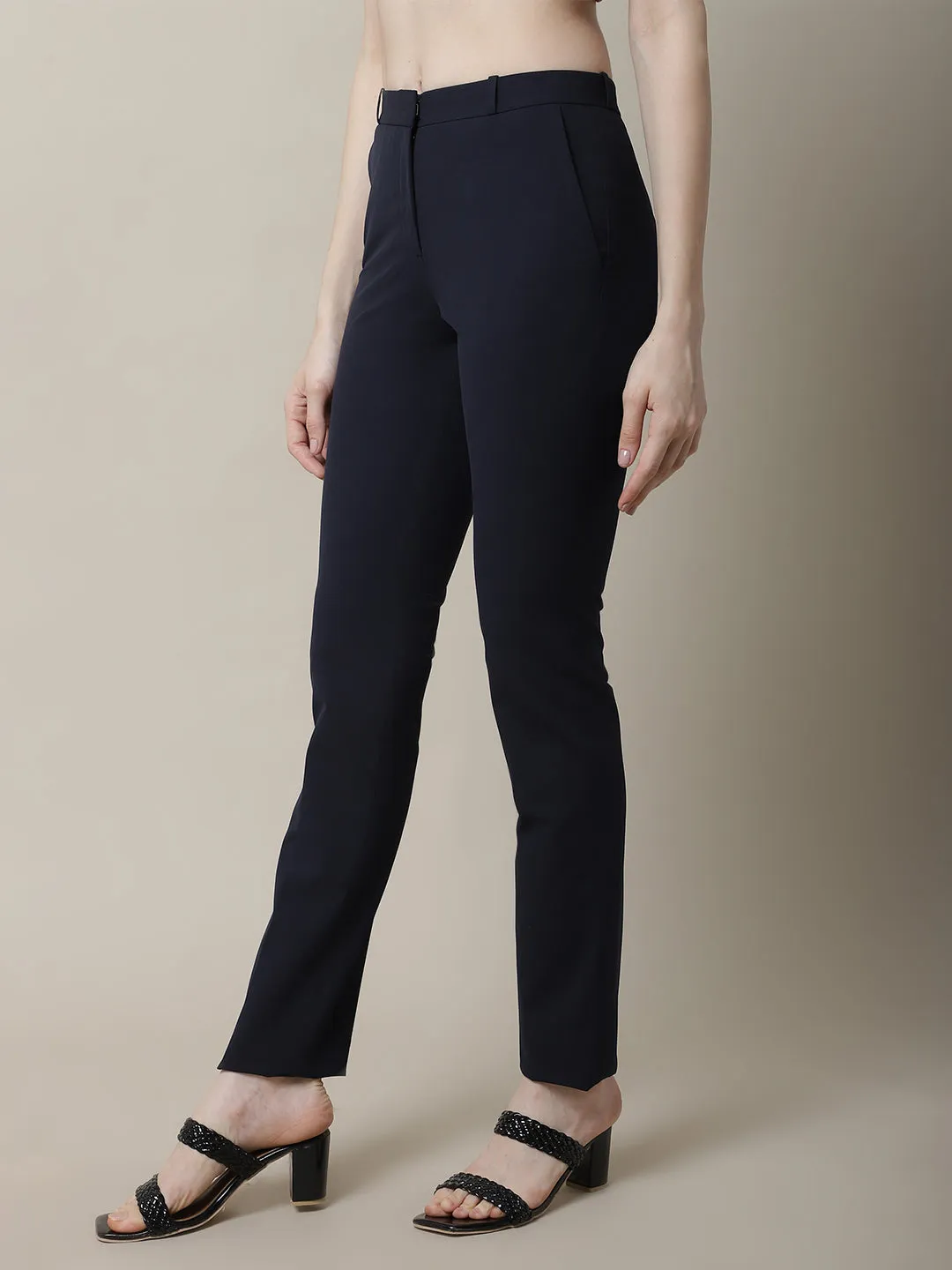 Women's Formal Flat Front Navy Blue Full length Mid rise Trousers