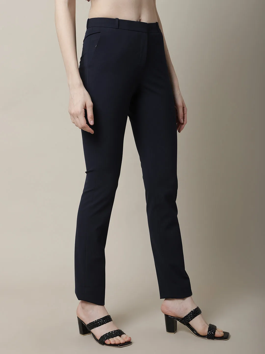 Women's Formal Flat Front Navy Blue Full length Mid rise Trousers