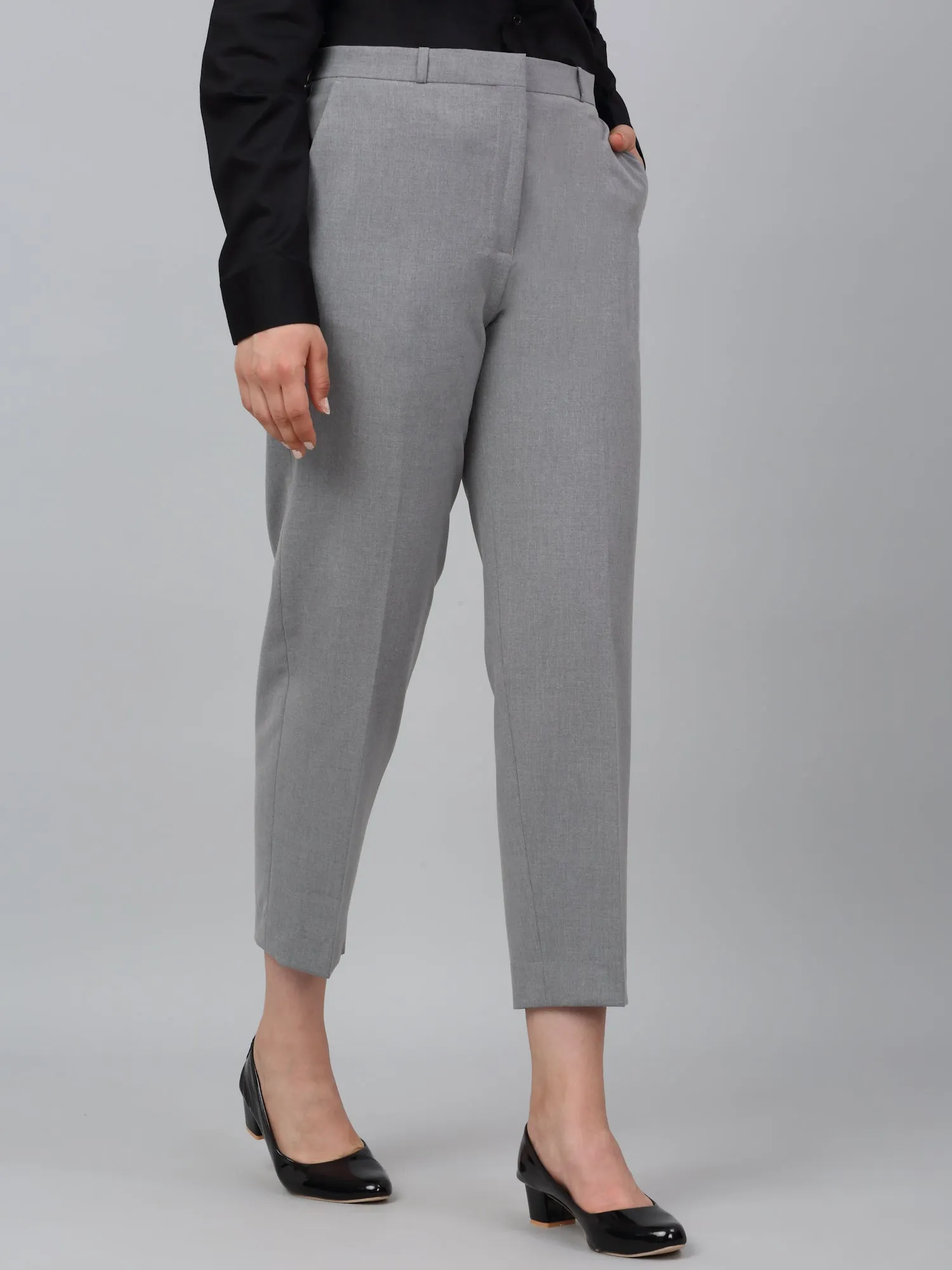 Women's Grey Solid Non-Pleated Formal Trouser