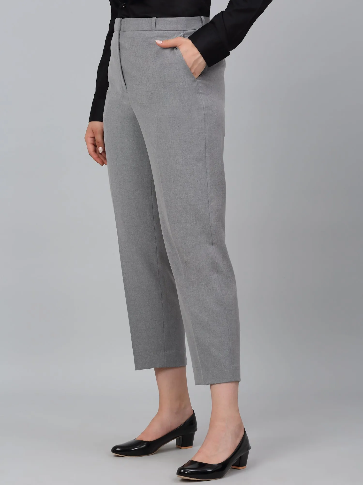 Women's Grey Solid Non-Pleated Formal Trouser