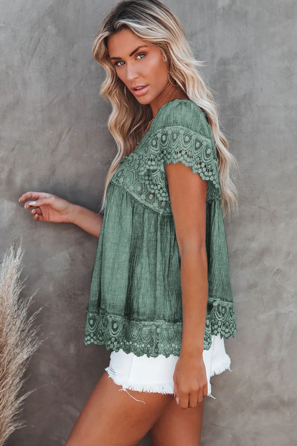 Womens Lace Top Pom Pom Splicing Square Neck Blouse