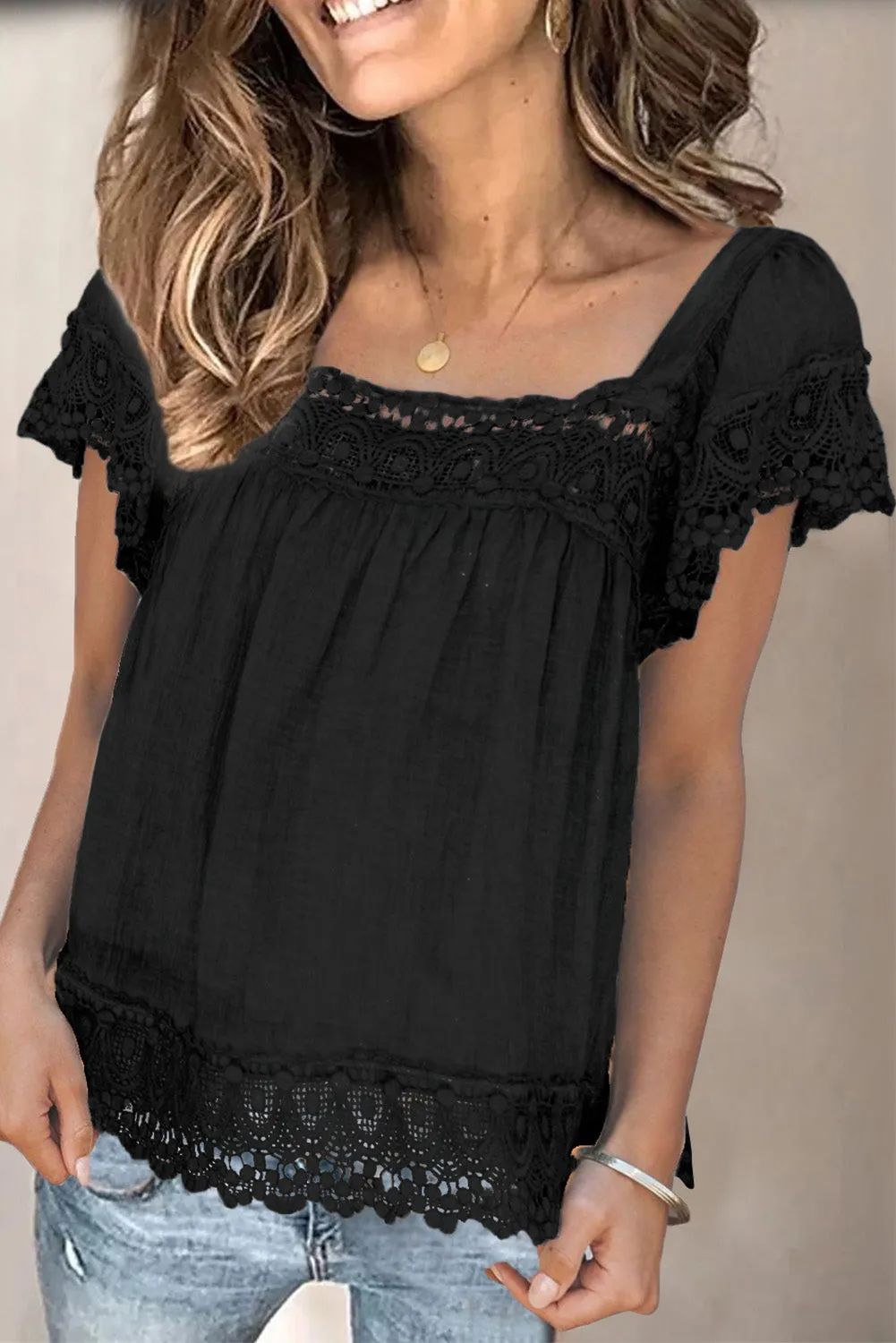 Womens Lace Top Pom Pom Splicing Square Neck Blouse