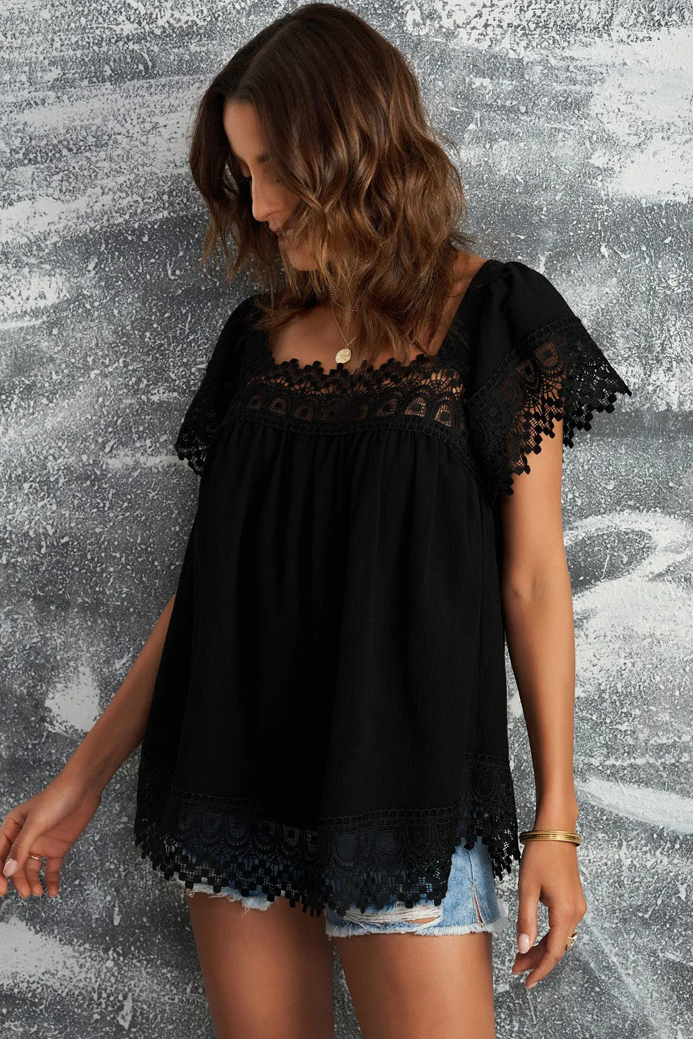 Womens Lace Top Pom Pom Splicing Square Neck Blouse