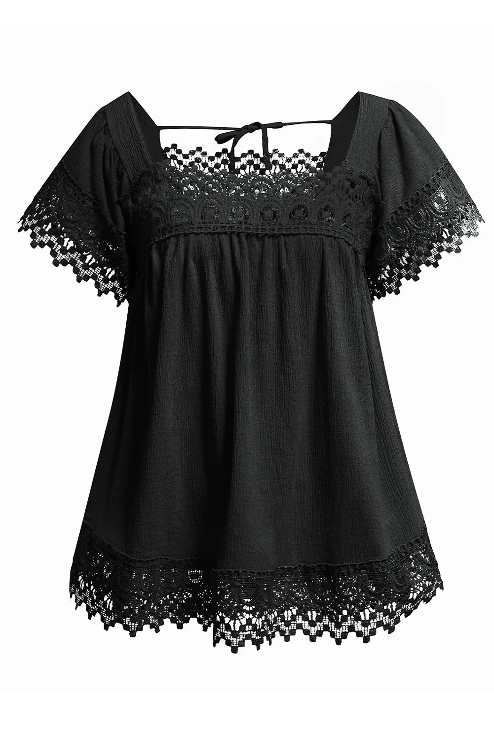 Womens Lace Top Pom Pom Splicing Square Neck Blouse