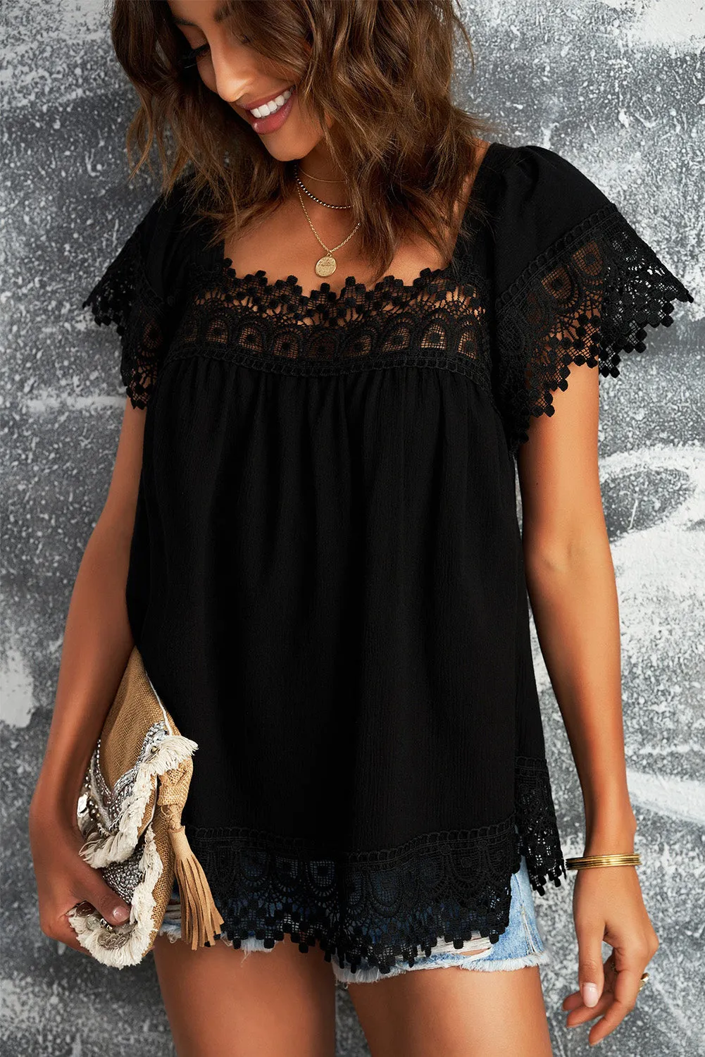 Womens Lace Top Pom Pom Splicing Square Neck Blouse