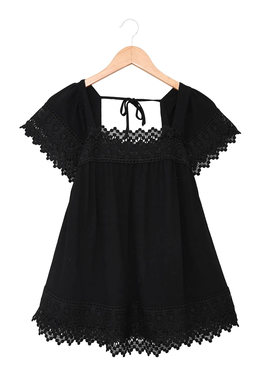 Womens Lace Top Pom Pom Splicing Square Neck Blouse